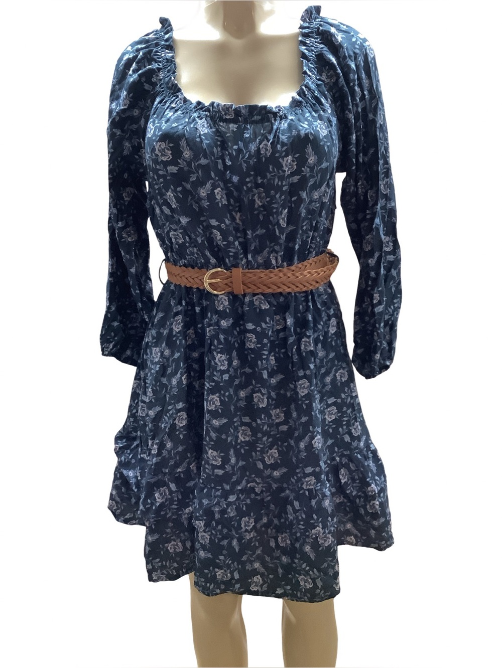 Liberty Love Size XL Navy Floral Long-Sleeve Off The Shoulder Dress W/Tan Belt